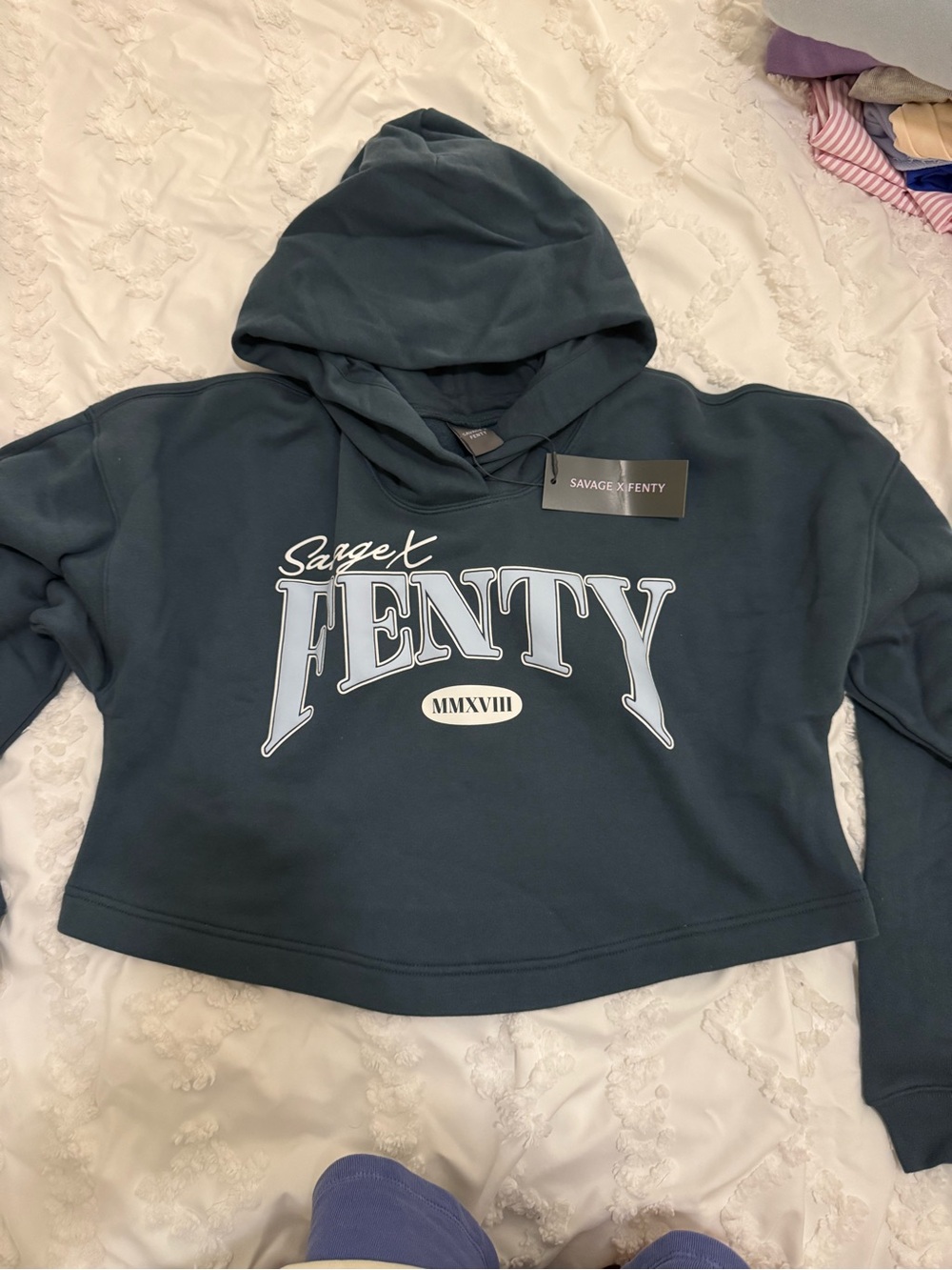 Savage X Fenty Cropped Hoodie Sweater in Dark Teal with White Logo